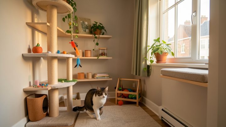 Chat d’intérieur explorant un petit appartement aménagé avec des étagères, un griffoir, des jouets, des jeux d’occupation et un perchoir près de la fenêtre.
