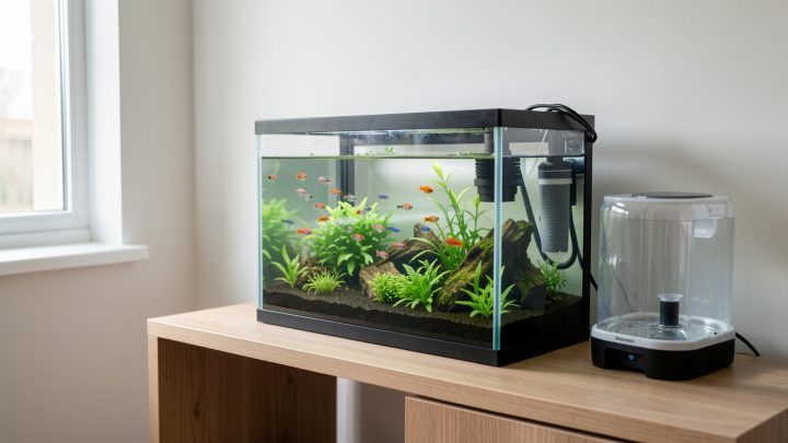 Aquarium d’eau douce récemment installé, avec des poissons tropicaux, des plantes aquatiques, une filtration douce et un distributeur automatique pour une absence de trois jours.