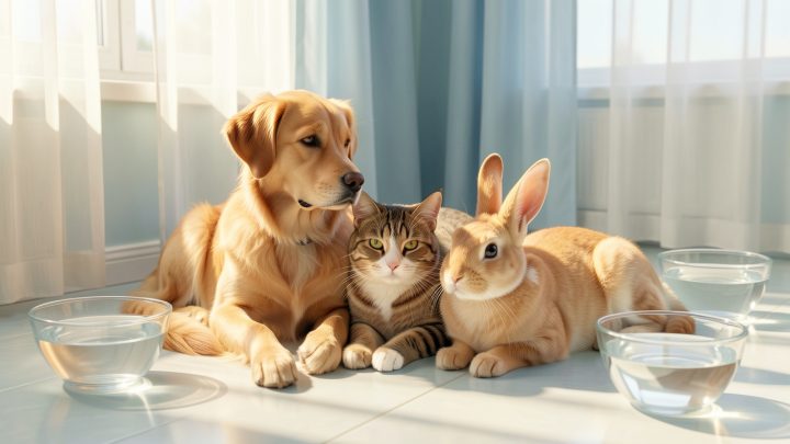 Un chien, un chat et un lapin se reposent dans une pièce fraîche et ombragée, avec des gamelles d’eau propre à proximité.