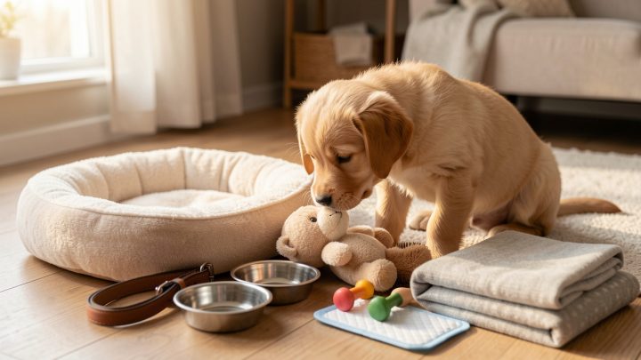 Un jeune chiot golden retriever entouré des accessoires essentiels pour ses premières semaines à la maison.