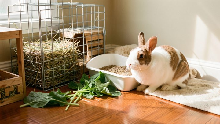 Lapin blanc et brun dans un enclos intérieur propre avec une litière fraîche, du foin et une ambiance saine.