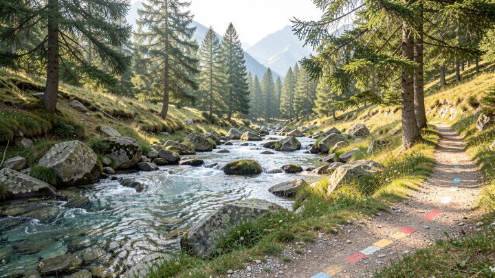Torrent limpide des Pyrénées entre les rochers et les pins, avec un sentier balisé au premier plan dans une ambiance calme et naturelle.