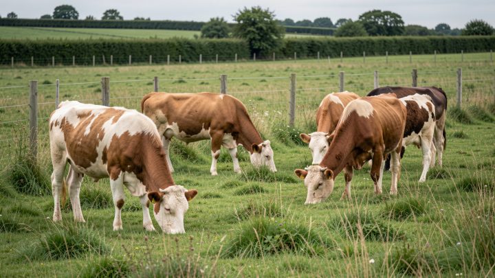 Des vaches rescapées broutent paisiblement dans une pâture verdoyante clôturée d’un refuge français, sous une lumière douce.