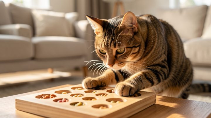 Chat domestique curieux observant attentivement un puzzle alimentaire en bois dans un salon lumineux.