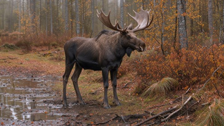 Élan mâle adulte aux bois larges, debout près d’une cuvette boueuse dans une clairière forestière aux couleurs de l’automne.