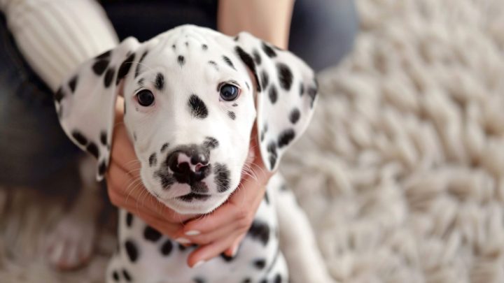 Un éleveur présente un chiot dalmatien à de futurs adoptants dans un élevage professionnel.