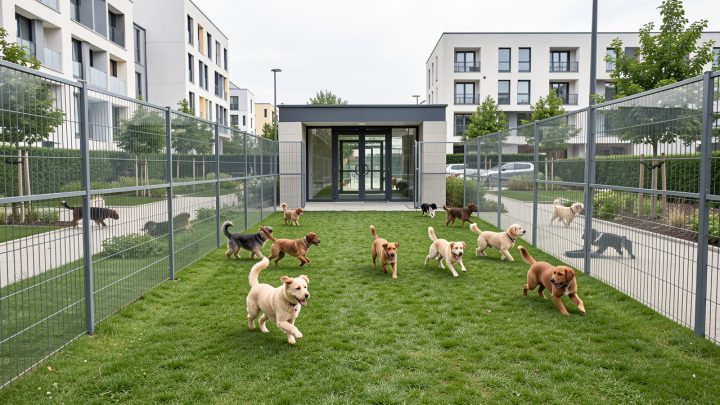 Parc canin moderne et sécurisé en France, avec des chiens de tailles variées jouant sur une pelouse clôturée et un sas d’entrée visible.